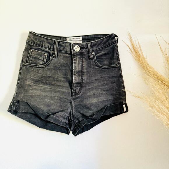 ONE TEASPOON High Long Rise Harlets Distressed Black Wash Denim Cutoffs Short 25 - Picture 1 of 11